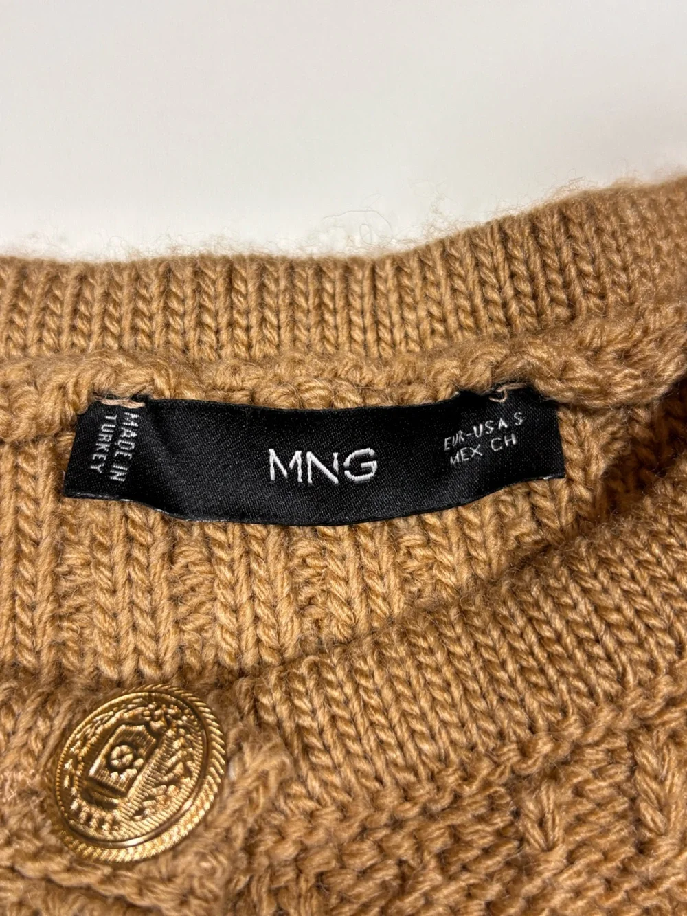 Mango Tan Chunky Knit Wool Blend Cardigan Gold Buttons Size Small